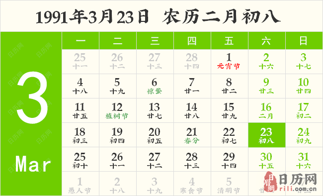1991年3月23日日历表