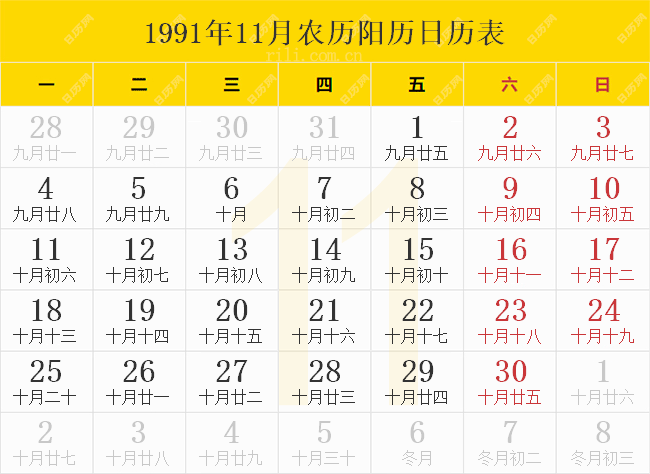 1991年11月农历阳历日历表
