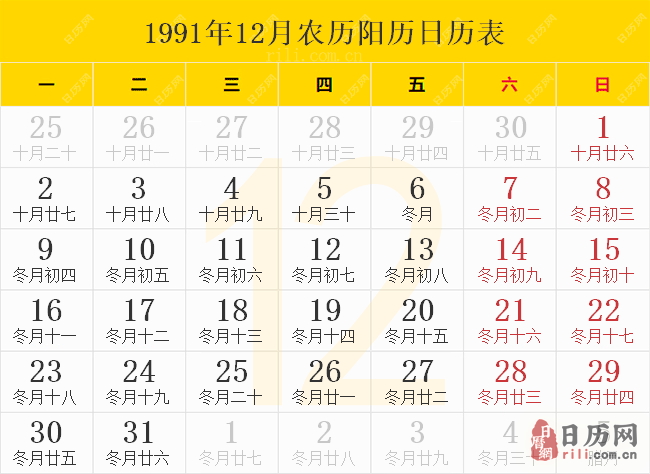 1991年12月农历阳历日历表