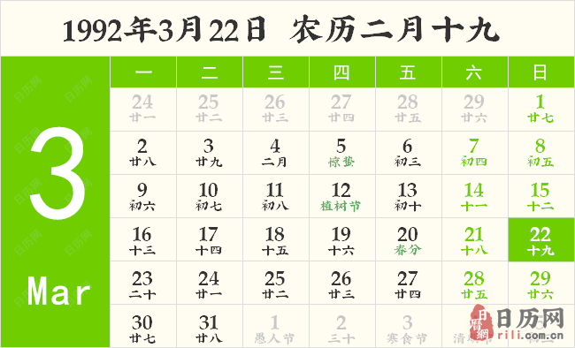 1992年3月22日日历表