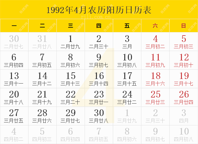 1992年4月农历阳历日历表