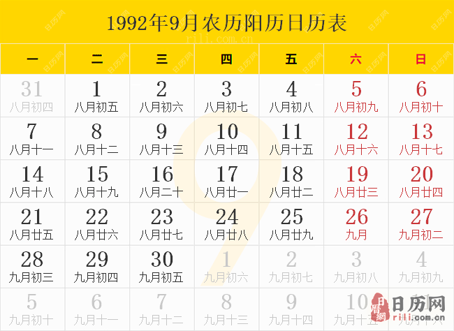 1992年9月农历阳历日历表