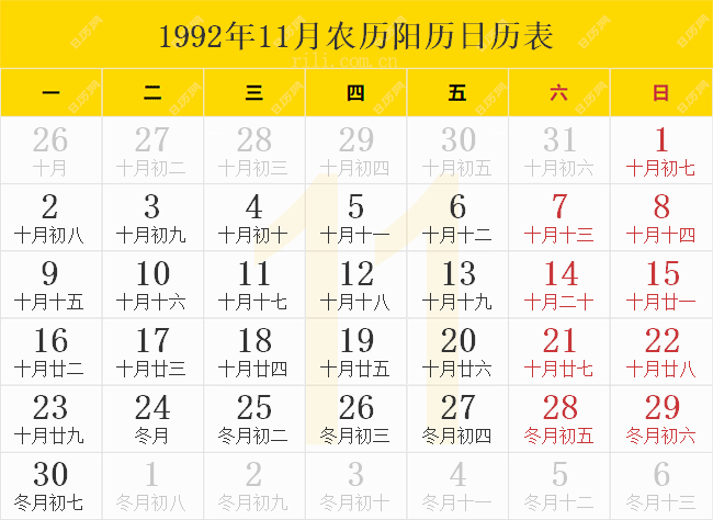 1992年11月农历阳历日历表