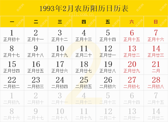1993年2月农历阳历日历表