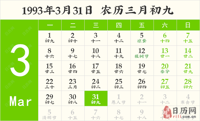1993年3月31日日历表