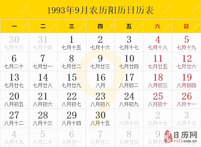 1993年9月农历阳历日历表