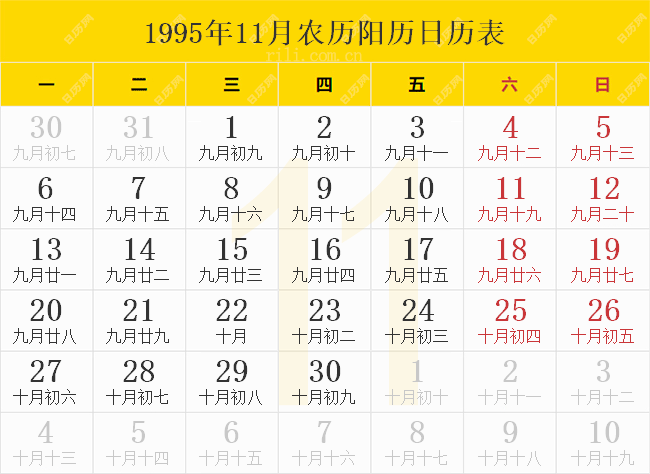 1995年11月农历阳历日历表