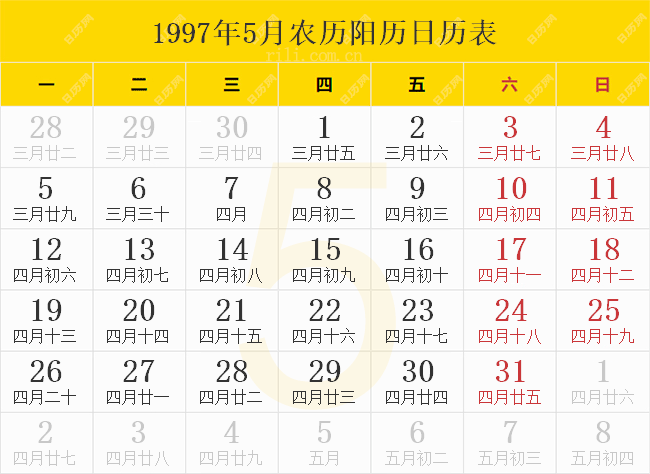 1997年5月农历阳历日历表