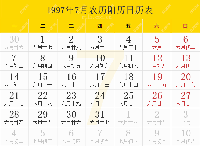 1997年7月农历阳历日历表