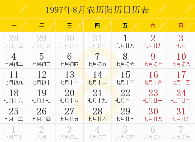 1997年8月农历阳历日历表
