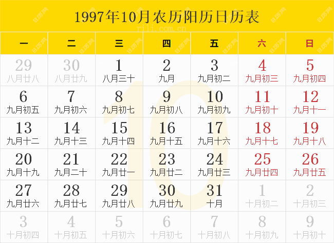 1997年10月农历阳历日历表