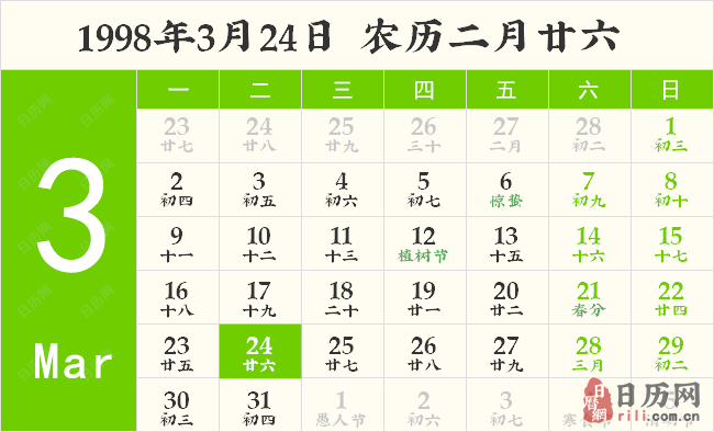 1998年3月24日日历表