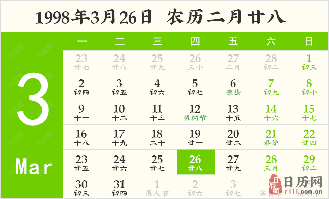 1998年3月26日日历表