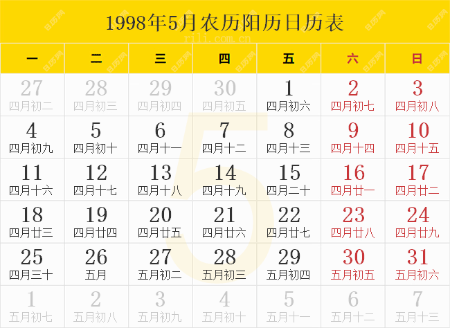 1998年5月农历阳历日历表