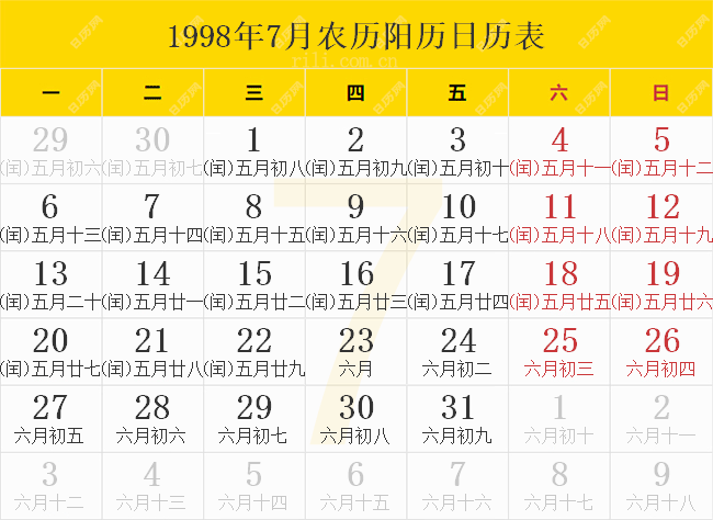1998年7月农历阳历日历表