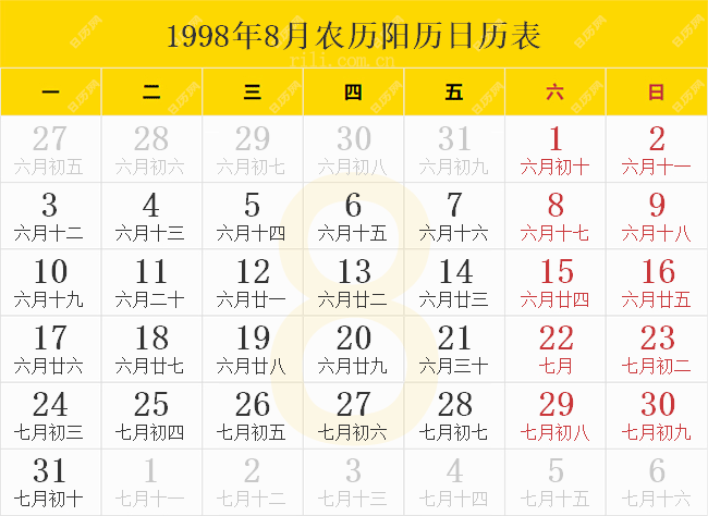 1998年8月农历阳历日历表