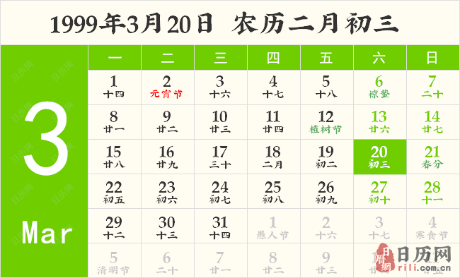 1999年3月20日日历表