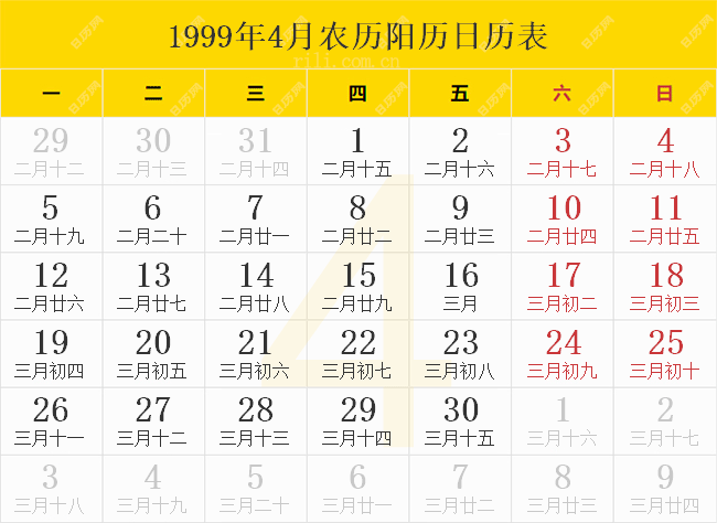1999年4月农历阳历日历表