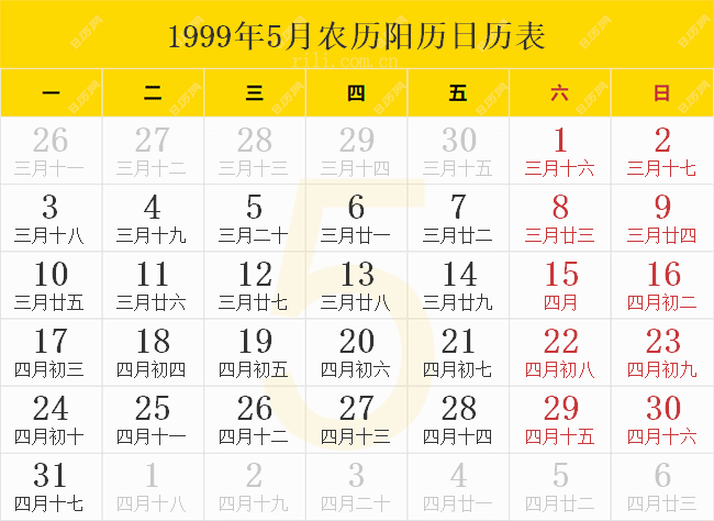 1999年5月农历阳历日历表