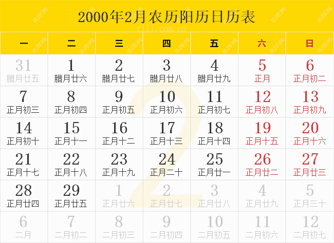 2000年2月农历阳历日历表