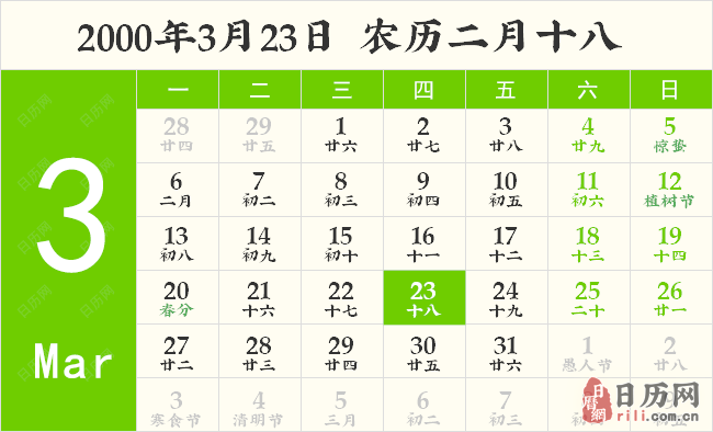2000年3月23日日历表