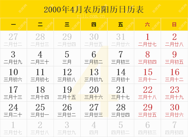 2000年4月农历阳历日历表