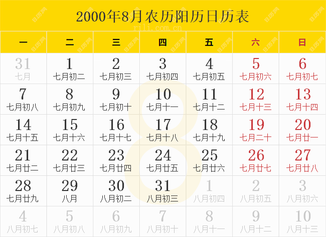 2000年8月农历阳历日历表