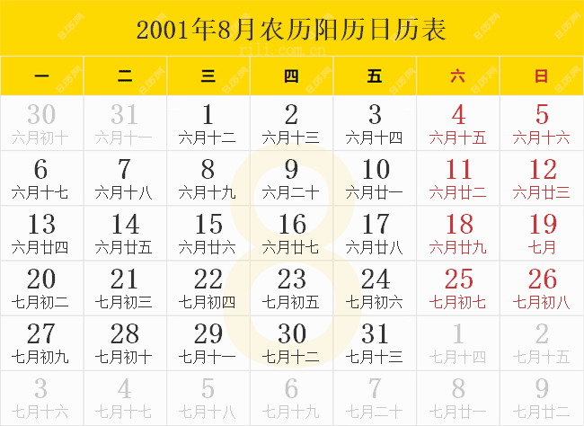 2001年1月农历阳历日历表