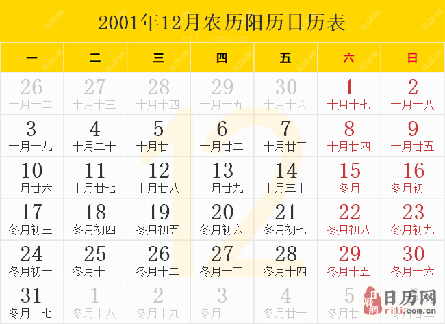 2001年12月农历阳历日历表