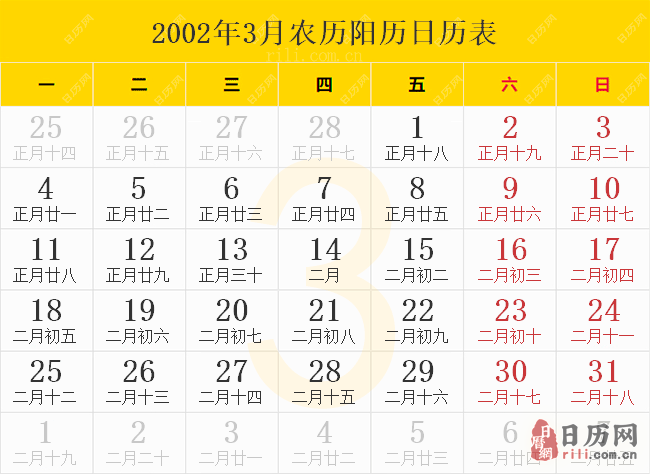 2002年3月农历阳历日历表