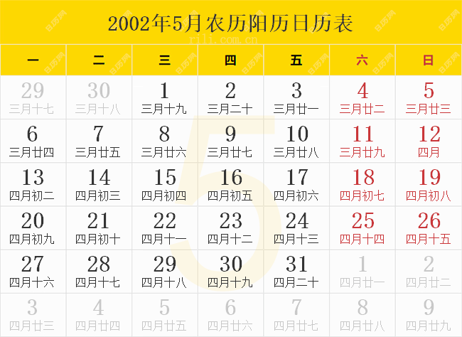 2002年5月农历阳历日历表