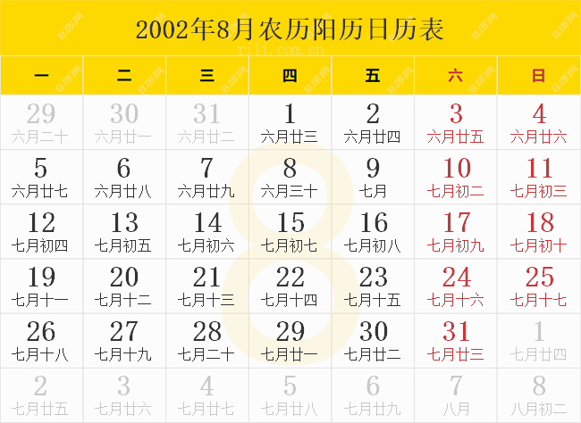 2002年8月农历阳历日历表