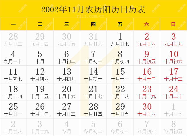 2002年11月农历阳历日历表