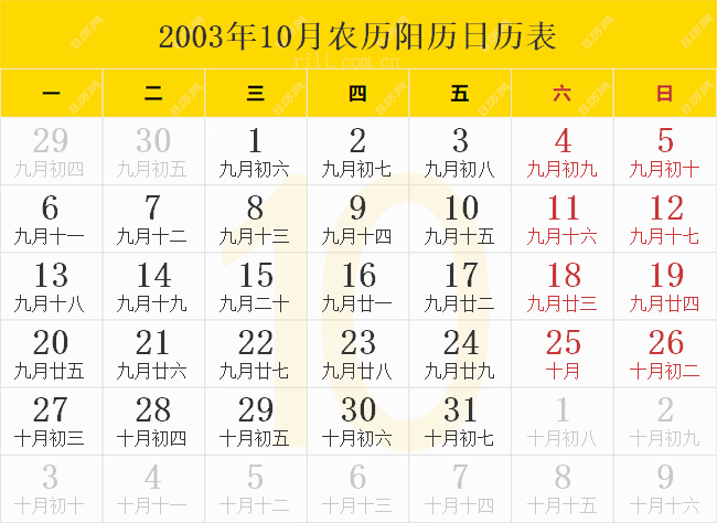 2003年10月农历阳历日历表