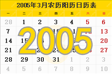 2005年3月日历表及节日