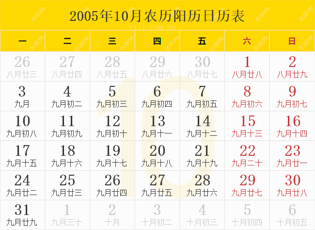 2005年10月农历阳历日历表