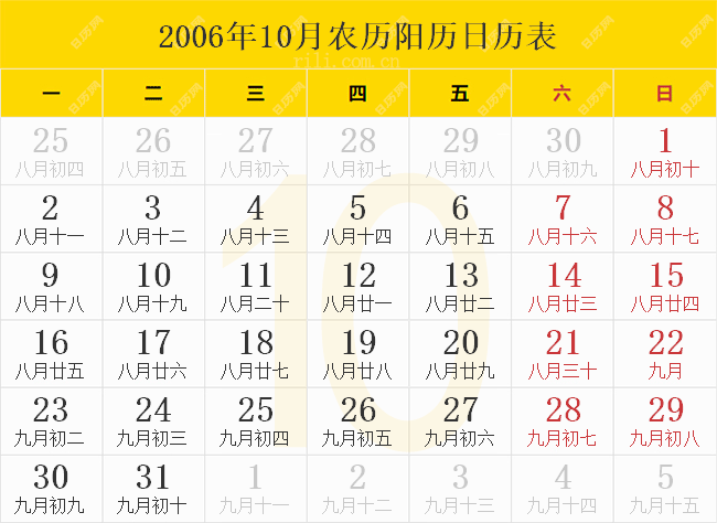 2006年10月农历阳历日历表