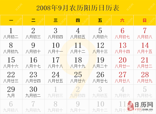 2008年9月农历阳历日历表
