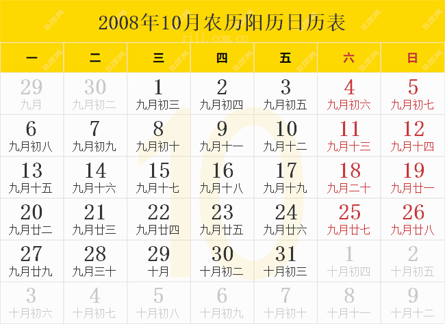2008年10月农历阳历日历表