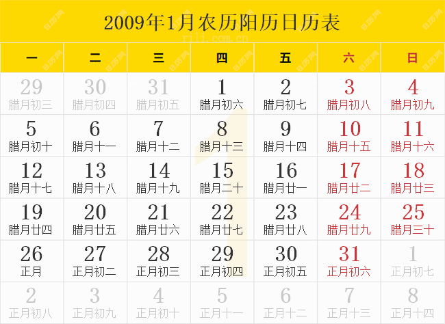 2009年1月农历阳历日历表