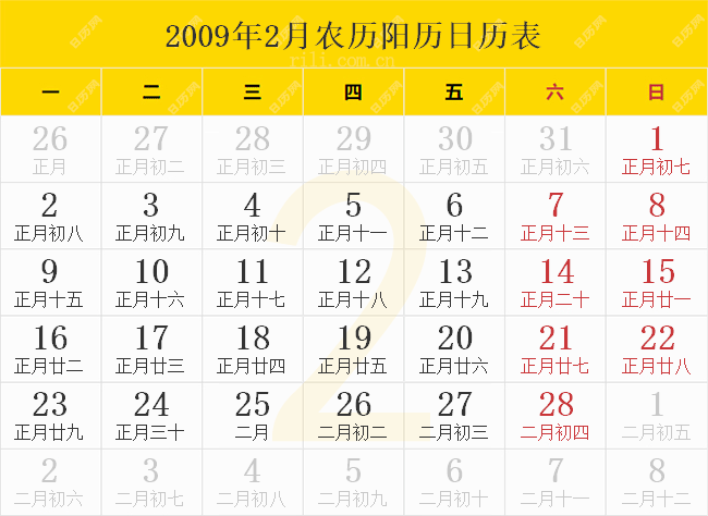 2009年2月农历阳历日历表