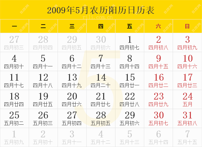 2009年5月农历阳历日历表