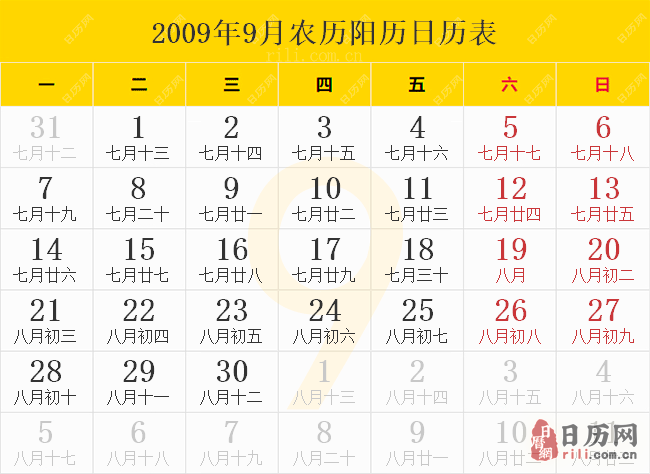 2009年9月农历阳历日历表