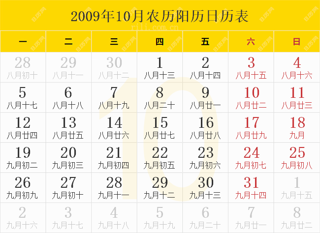 2009年10月农历阳历日历表