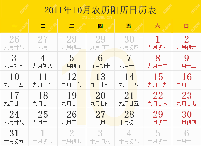 2011年10月农历阳历日历表