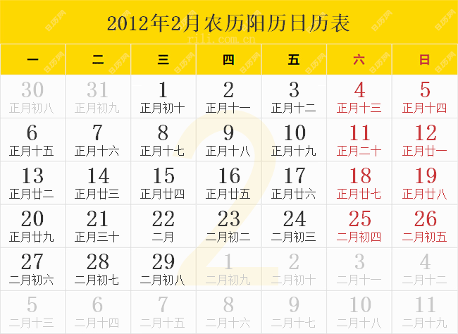2012年2月农历阳历日历表