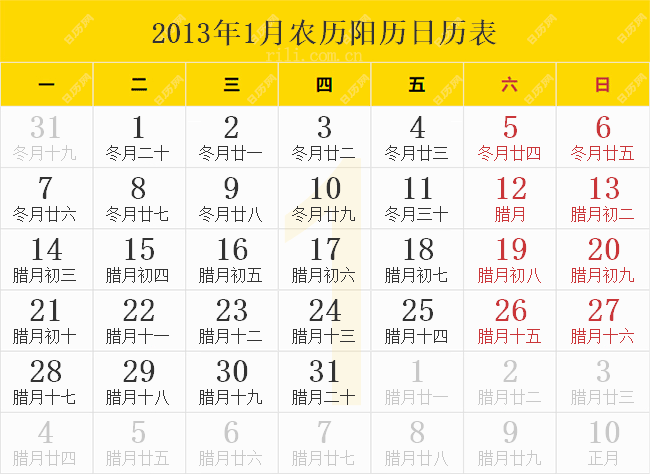 2013年1月农历阳历日历表