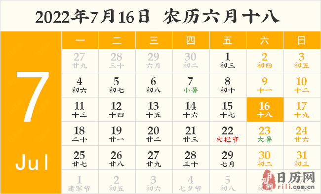2022年7月16日，今日入伏