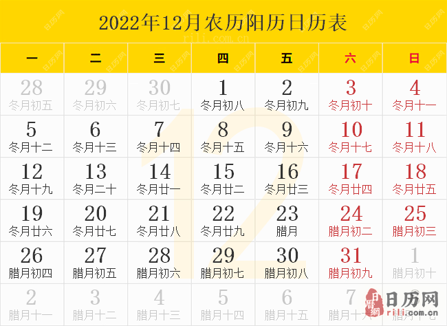 2022年12月农历阳历日历表