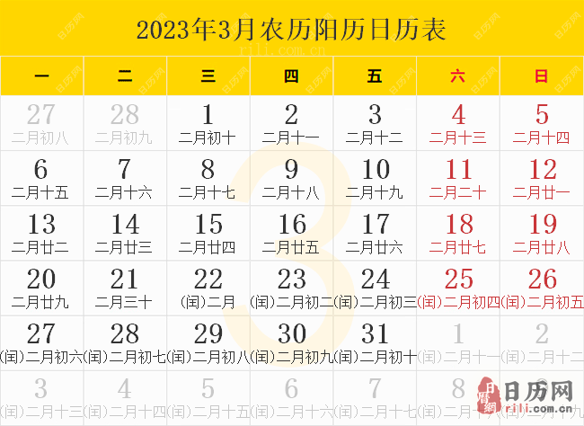 2023年3月农历阳历日历表